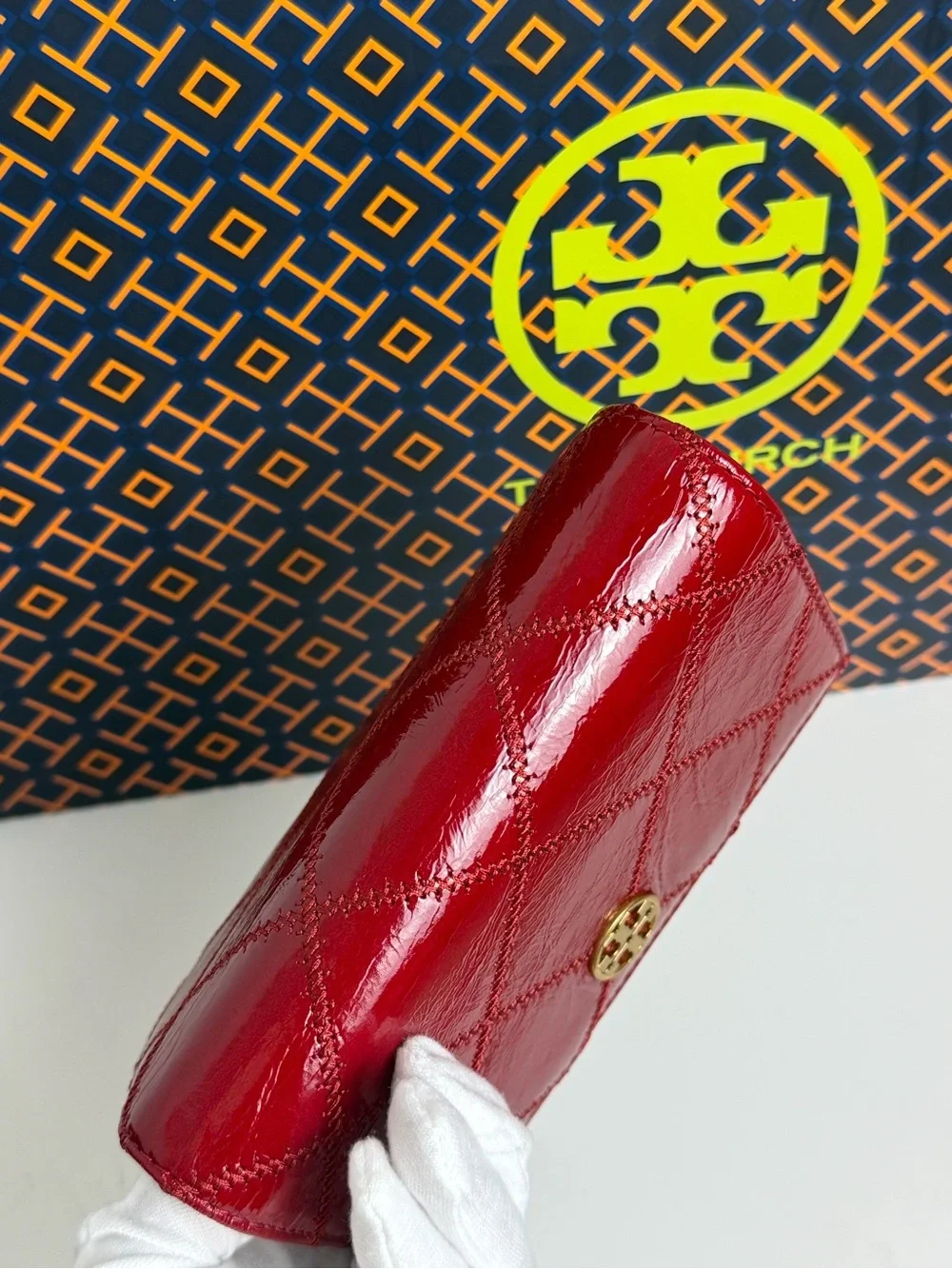 Tory Burch Red Quilted Patent Leather Continental Wallet with Gold Logo